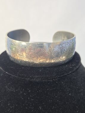 Vintage Leonard Pewter Etched Cuff Bracelet - Carnation Design